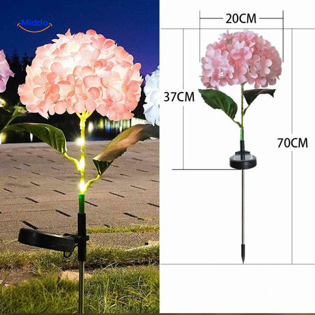 lanterne solaire hortensia rose avec dimensions indiquées hauteur 70 cm