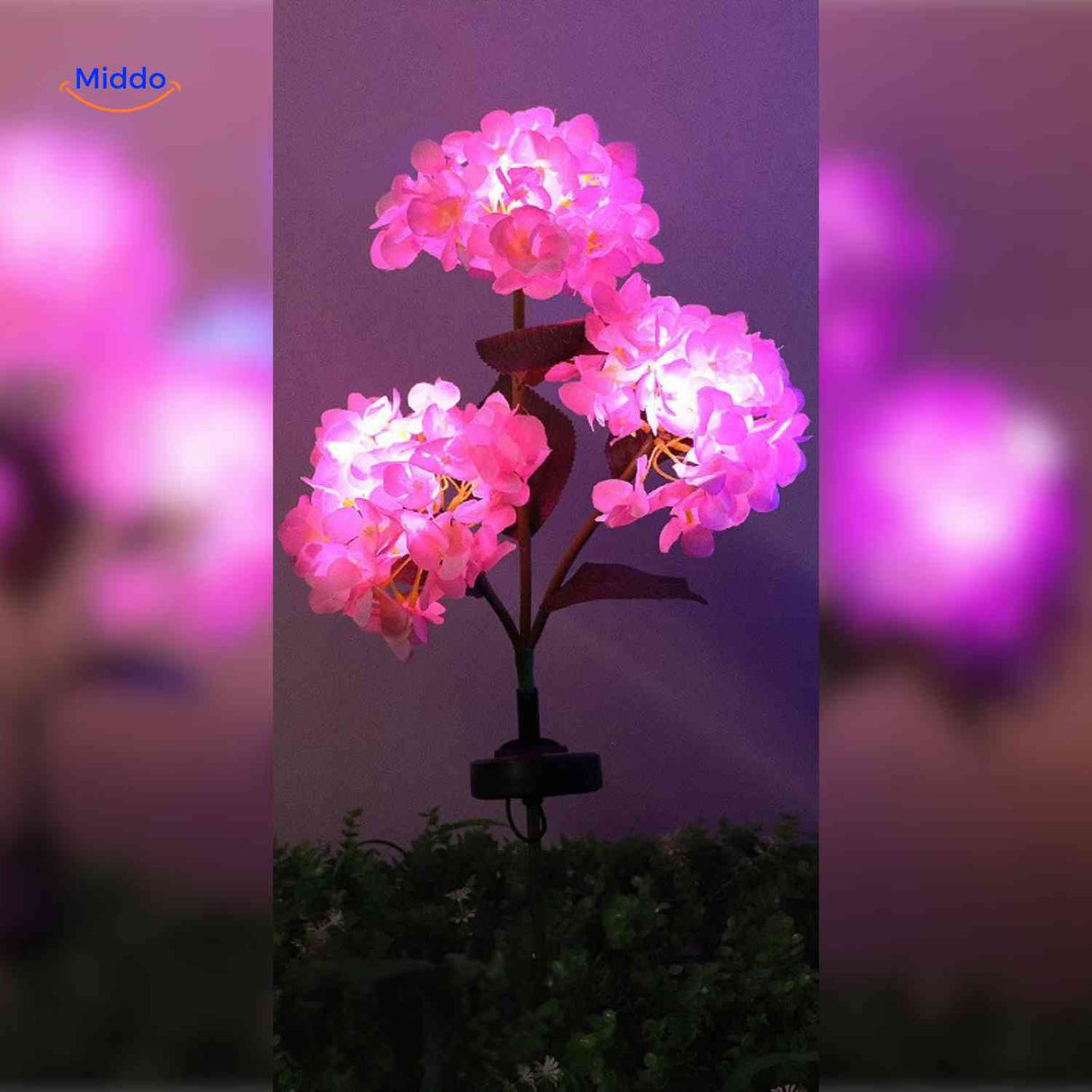 lanterne solaire florale rose à trois branches d'hortensia avec éclairage led intégré