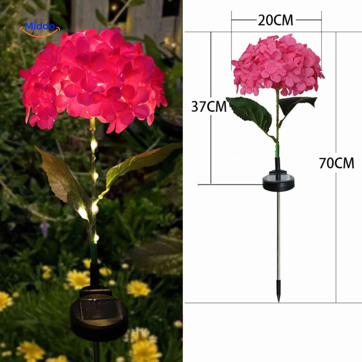 lanterne solaire hortensia rouge avec dimensions indiquées hauteur 70 cm