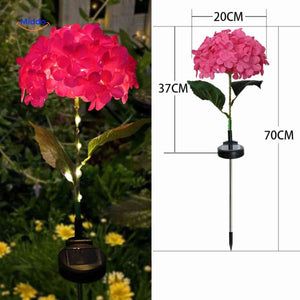 lanterne solaire hortensia rouge avec dimensions indiquées hauteur 70 cm