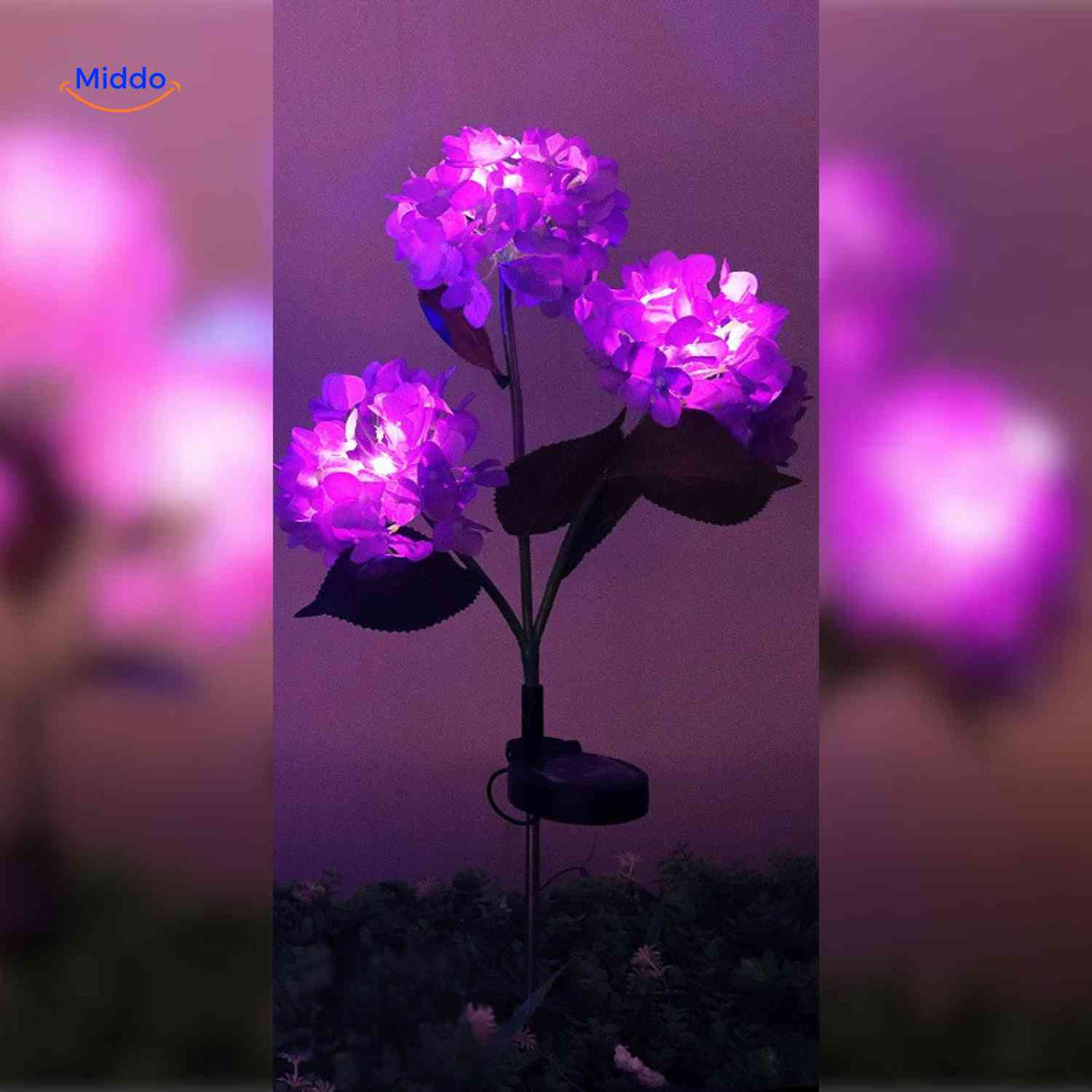 lanterne solaire hortensia violet à trois branches décorative pour jardin et terrasse