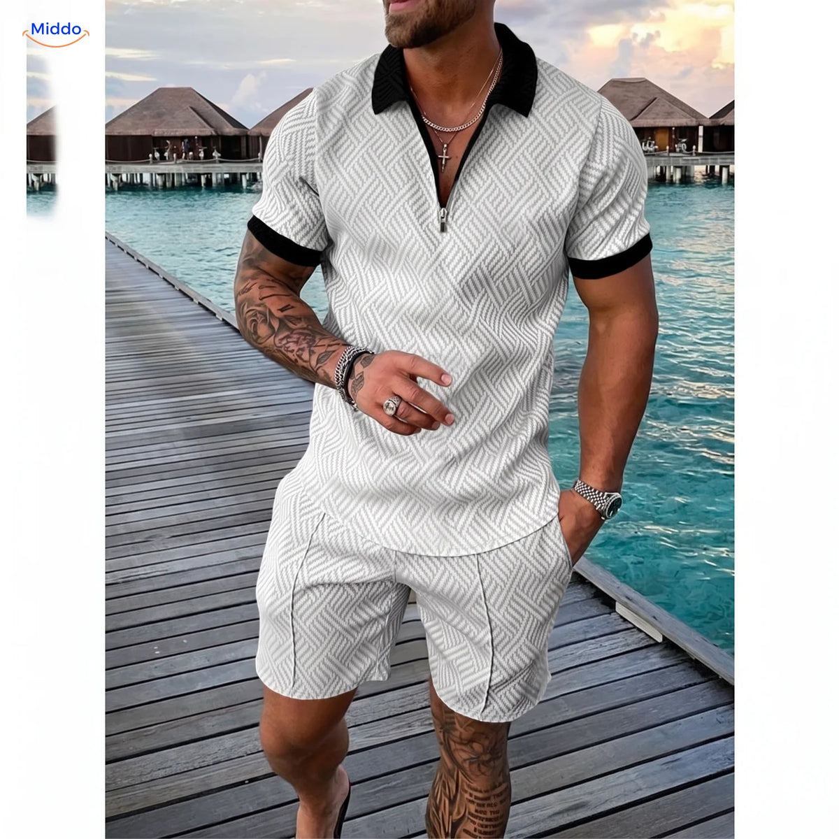 Ensemble été Leander homme polo et short blanc avec bords noirs
