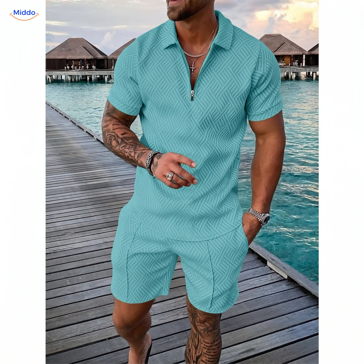Ensemble été Leander homme polo et short bleu paon