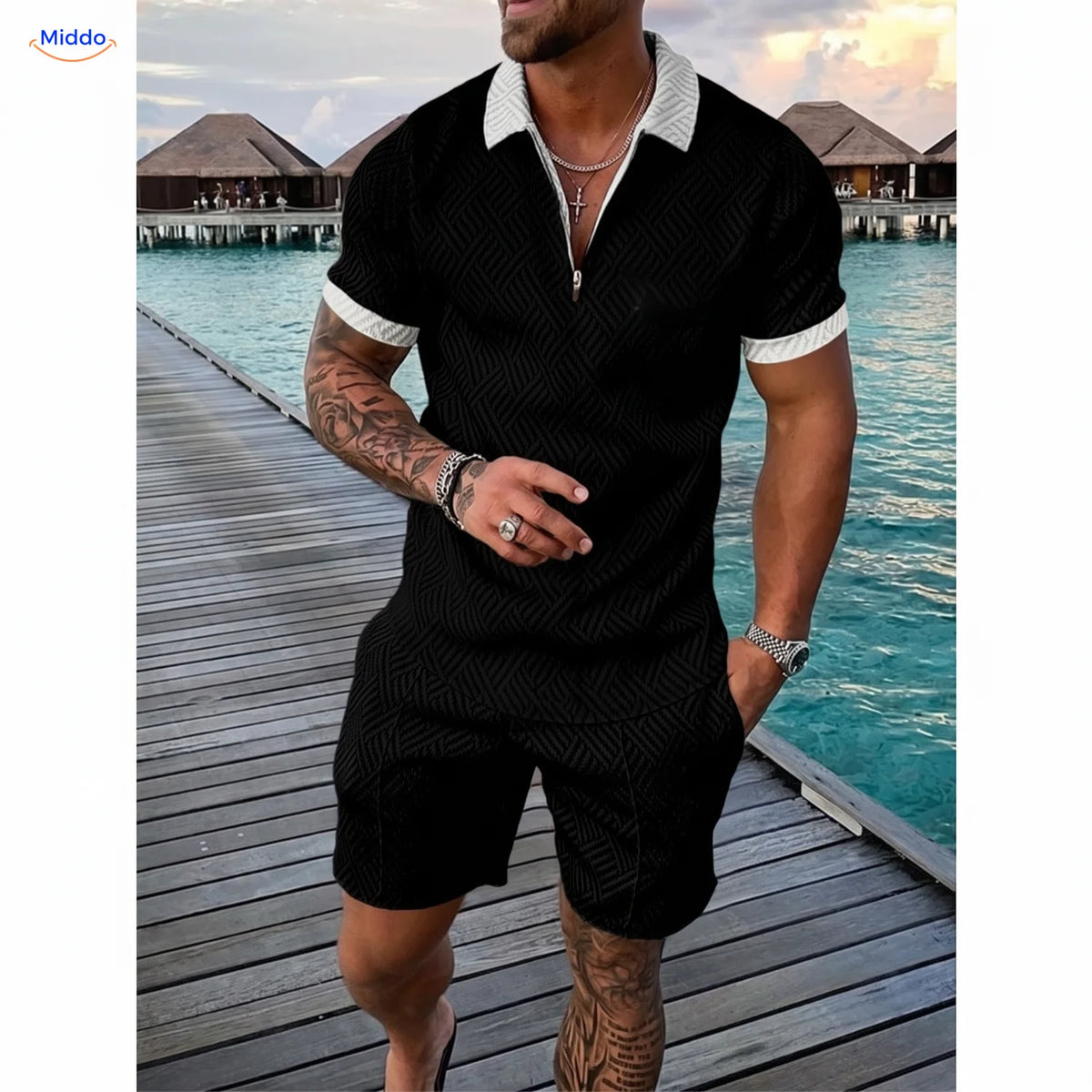 Ensemble été Leander homme polo et short noir avec bords blancs