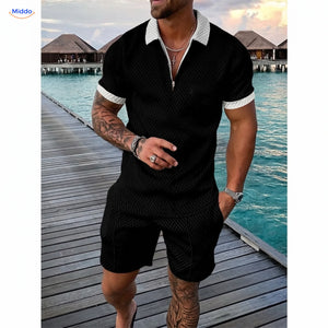 Ensemble été Leander homme polo et short noir avec bords blancs