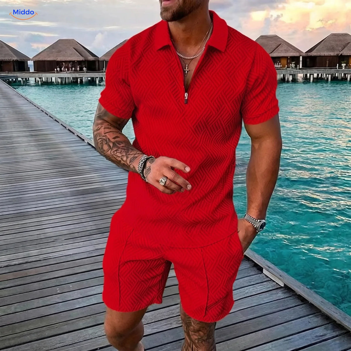 Ensemble été Leander homme polo et short rouge