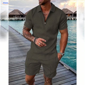 Ensemble été Leander homme polo et short vert armée