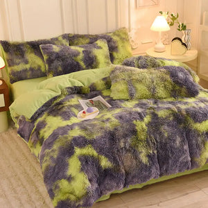 Parure de lit Teddy Fluffy en polaire, Tie-dye vert citron et violet