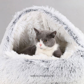 chat reposant dans un lit pour animaux luxueux coloris gris