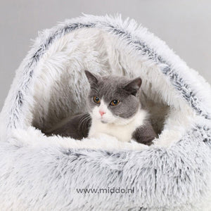 chat reposant dans un lit pour animaux luxueux coloris gris