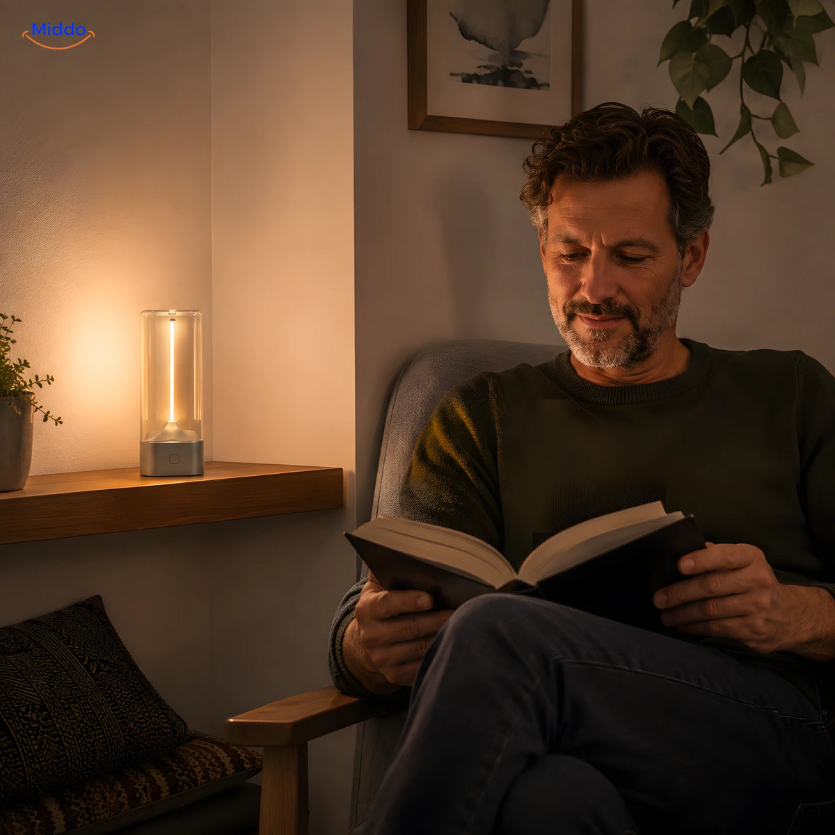 homme d’environ 45 ans lisant près d’une lampe Luminex Compact middo-paris.fr