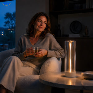 femme d’environ 45 ans avec lampe d’ambiance Luminex Premium dans le salon middo-paris.fr