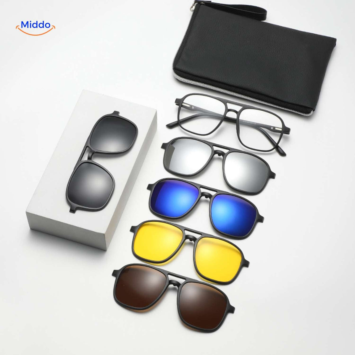 lunettes de soleil magnetiques avec monture et cinq verres interchangeables inclus dans le kit complet