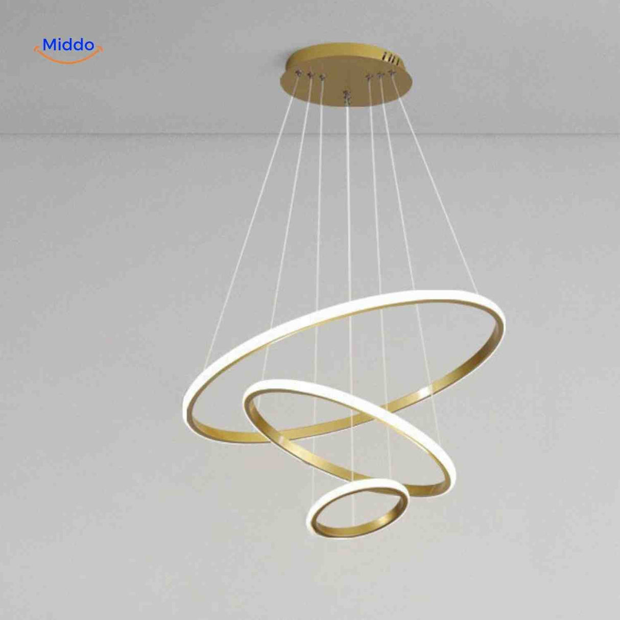 lustre anneau led doré à trois anneaux, suspension contemporaine et lumineuse