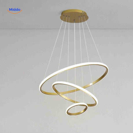 lustre anneau led doré à trois anneaux, suspension contemporaine et lumineuse