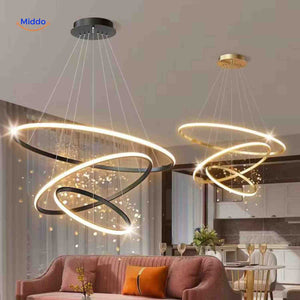 lustre anneau led luxe au-dessus d'une table de salle à manger, ambiance raffinée