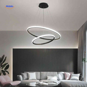 lustre anneau led noir deux anneaux suspendu dans un salon moderne