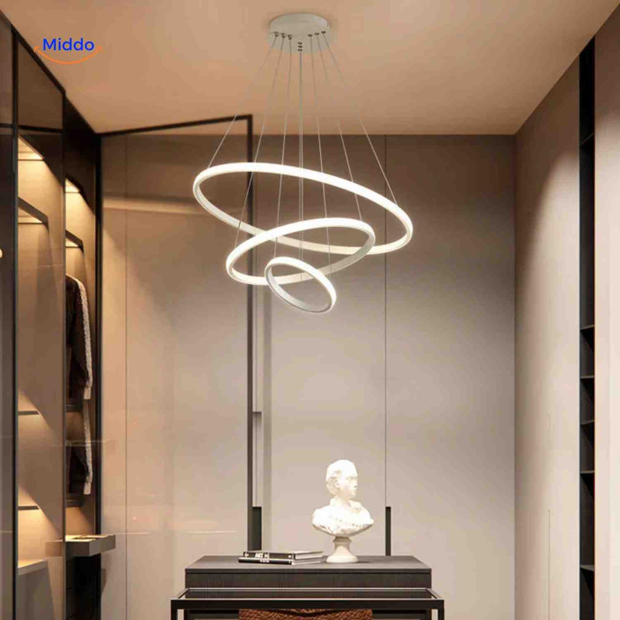 lustre anneau led en situation dans un salon, éclairage d'ambiance anneau