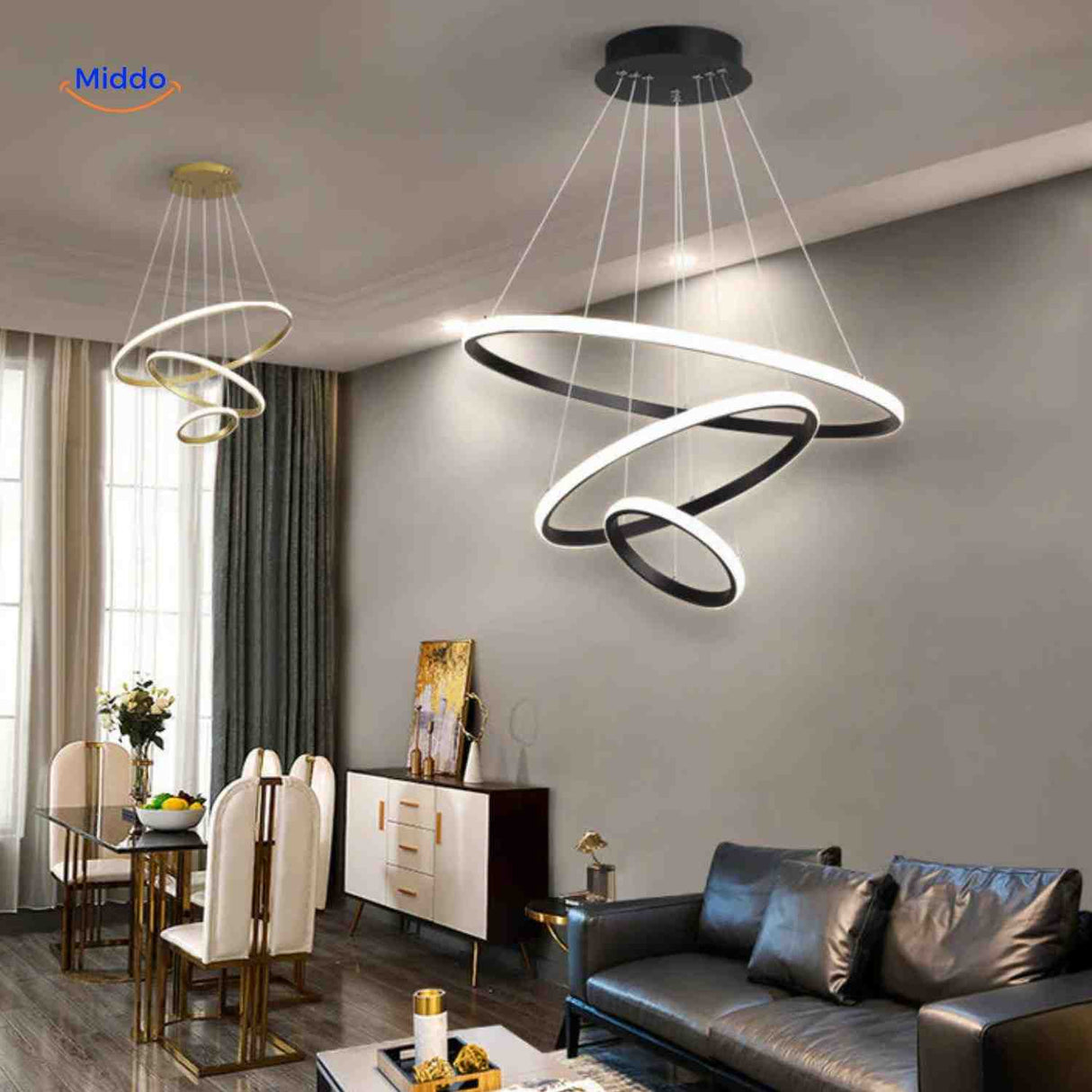 lustre anneau led moderne suspendu dans un salon et salle à manger ouverts