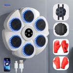 machine à boxe intelligente blanche avec éclairage LED bleu et gants rouges assortis