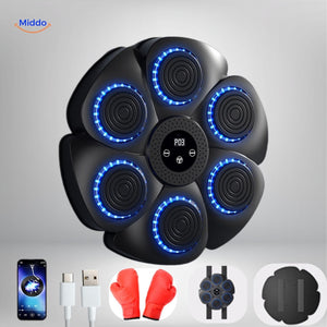 machine à boxe noire avec LEDs bleues allumées et gants rouges d'entraînement