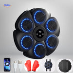 machine à boxe noire avec LEDs bleues allumées et gants rouges d'entraînement