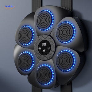 machine à boxe ronde avec six capteurs de frappe et LEDs bleues illuminées