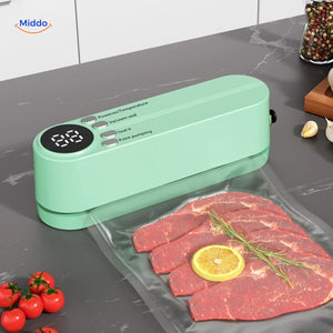 machine sous vide sans fil rechargeable avec ecran numerique et piece de viande fraiche