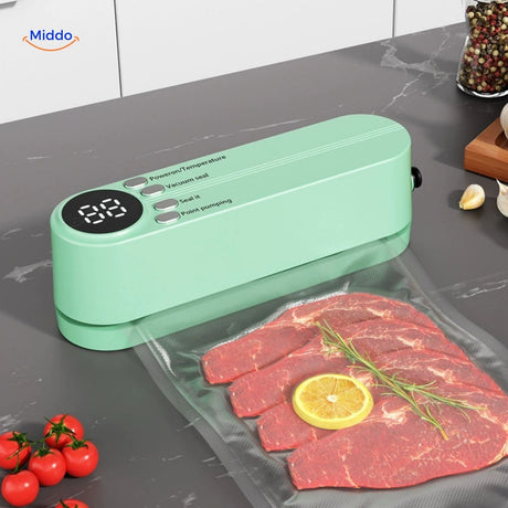 machine sous vide sans fil rechargeable avec ecran numerique et piece de viande fraiche