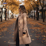 manteau beige avec col montant et boutons, coupe longue élégante pour femme