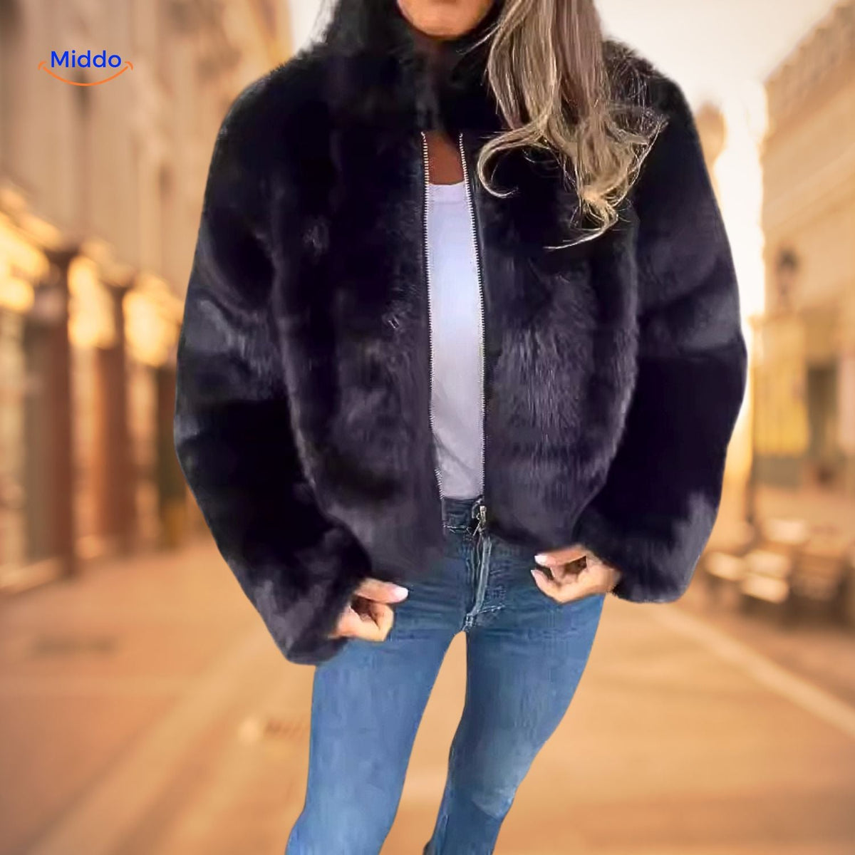 manteau fausse fourrure noir pour femme porté avec un top blanc et un jean