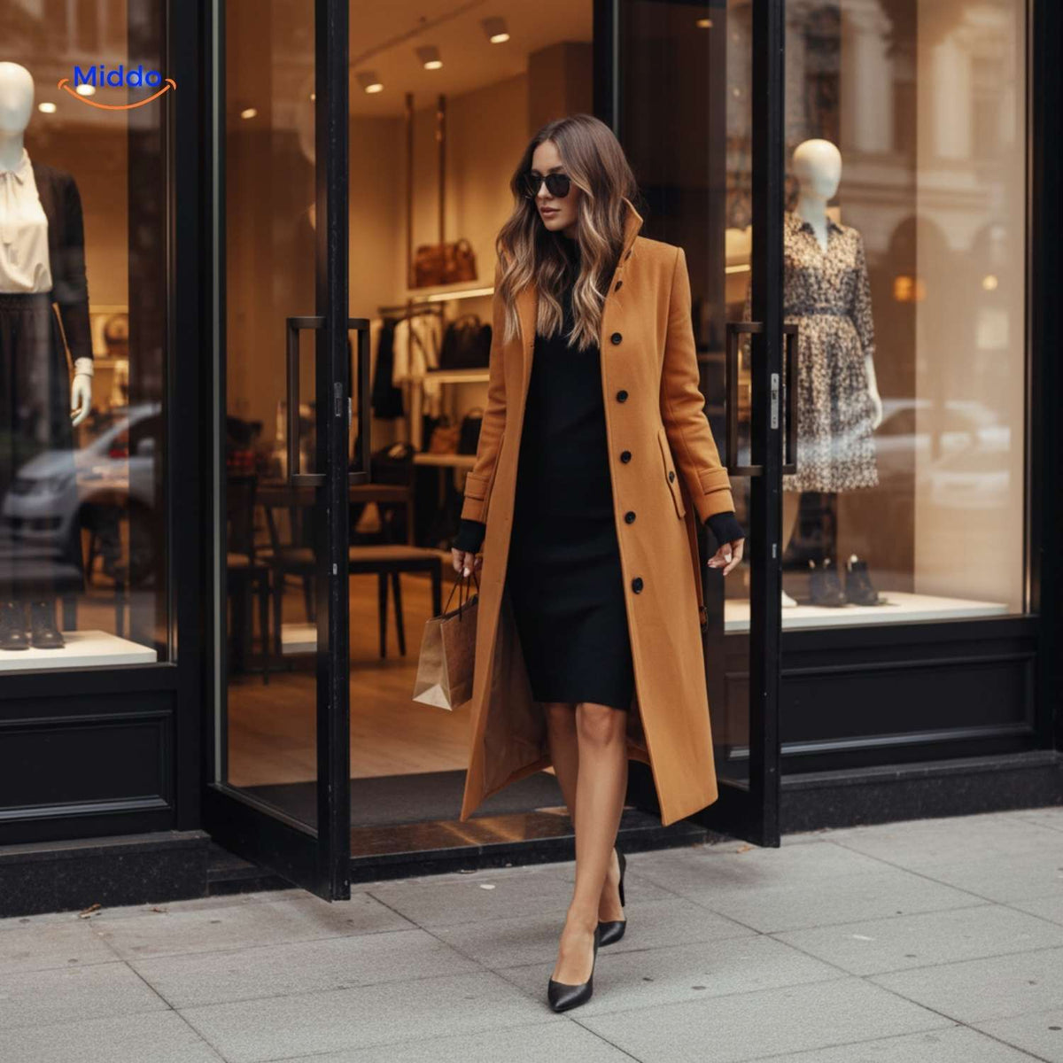 manteau long pour femme porté en sortant d'une boutique, coupe élégante et structurée