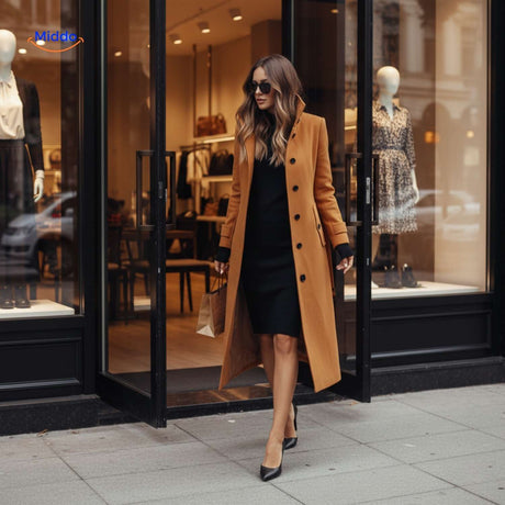 manteau long pour femme porté en sortant d'une boutique, coupe élégante et structurée