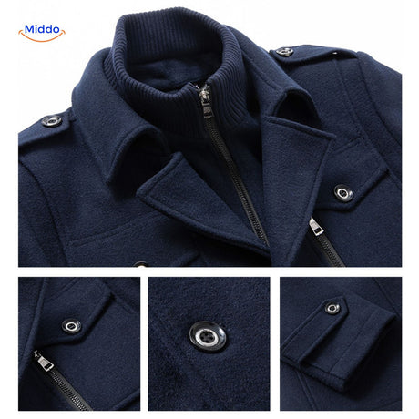 manteau en laine bleu marine, vue des finitions et détails de coupe