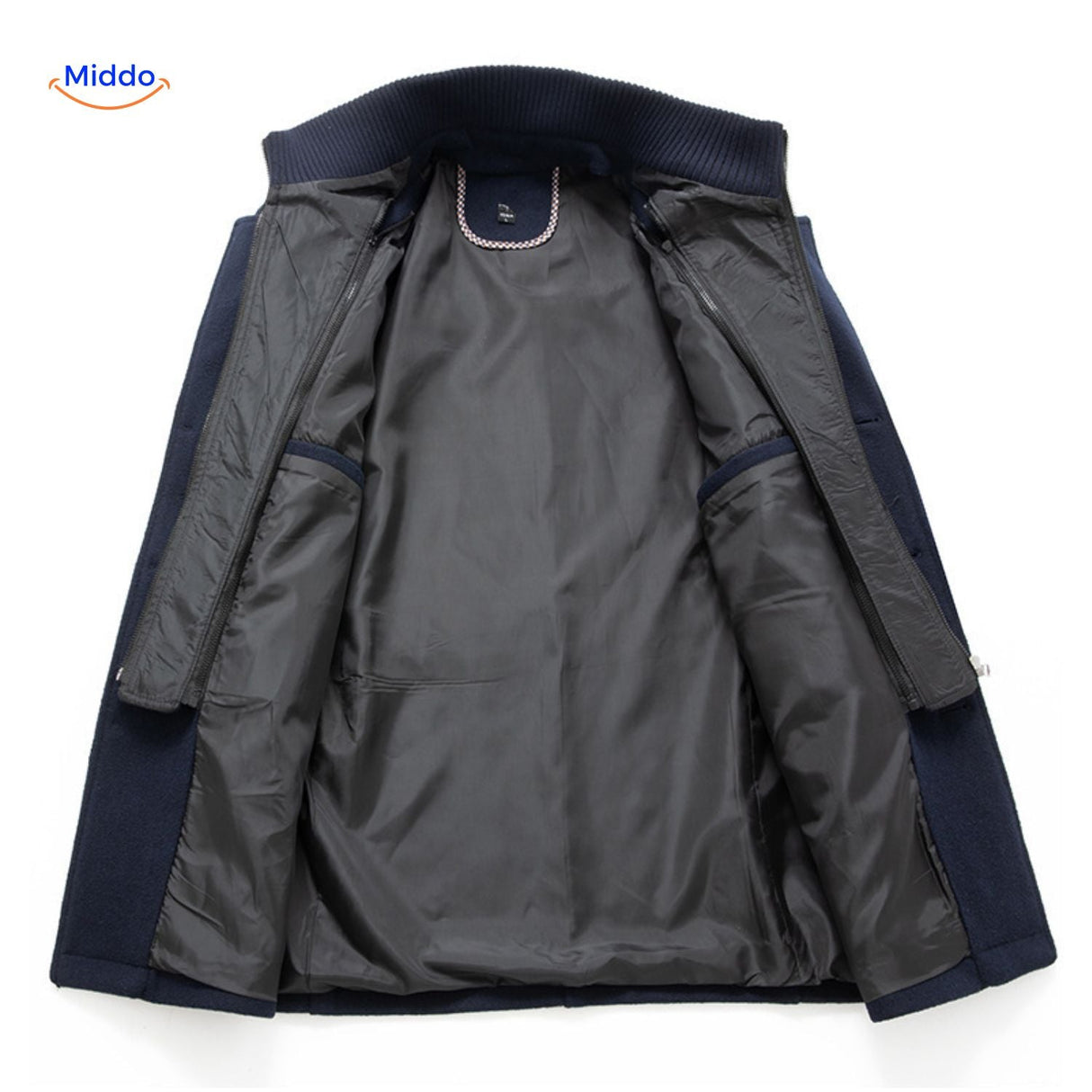 manteau en laine bleu marine, vue intérieure de la doublure