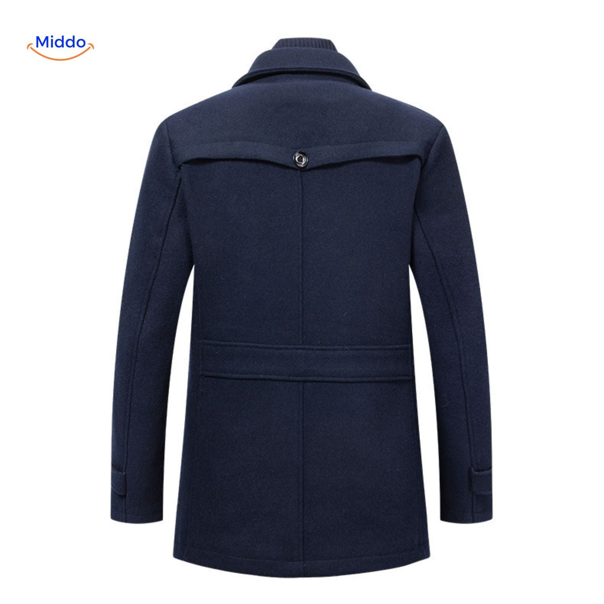 manteau en laine bleu marine, vue arrière de la coupe structurée