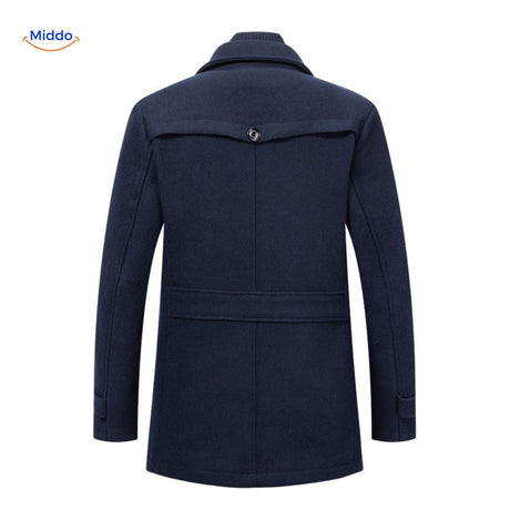 manteau en laine bleu marine, vue arrière de la coupe structurée