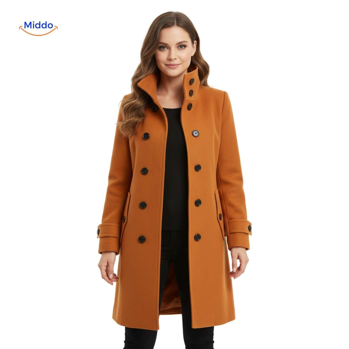 manteau en laine à fermeture boutonnée, vue de face fermée sur la veste longue
