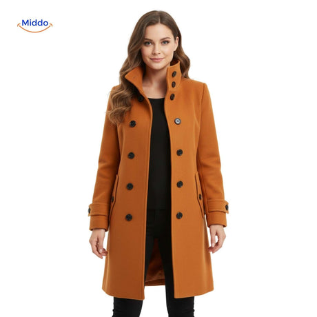 manteau en laine à fermeture boutonnée, vue de face fermée sur la veste longue