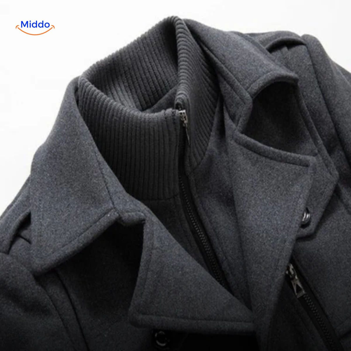 manteau en laine col double gris, gros plan sur le col élégant