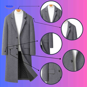 gros plan sur les détails du manteau laine gris : boutons, coutures et tissu de qualité