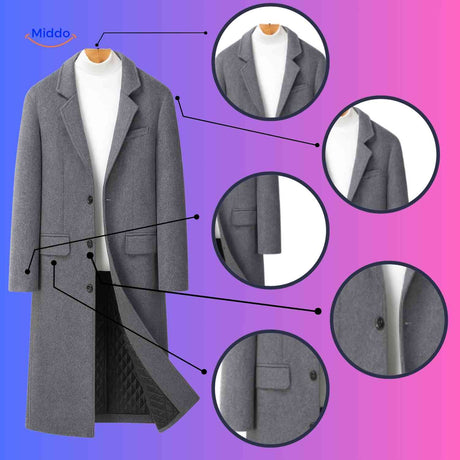 gros plan sur les détails du manteau laine gris : boutons, coutures et tissu de qualité