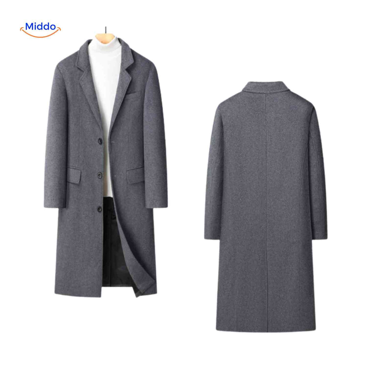 pardessus laine gris pour homme, vues avant et arrière côte à côte pour apprécier la coupe