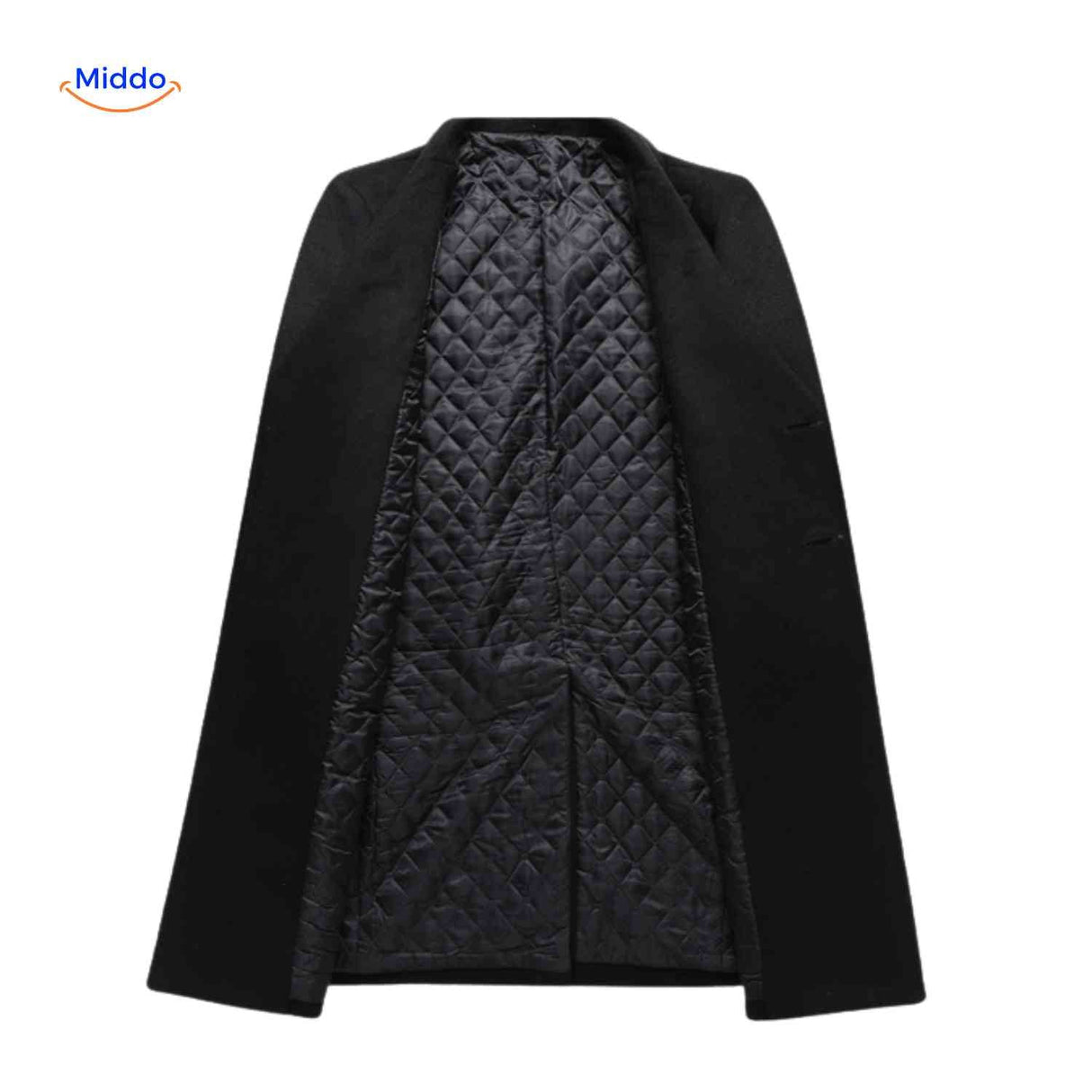 manteau laine noir long ouvert révélant la doublure intérieure de qualité