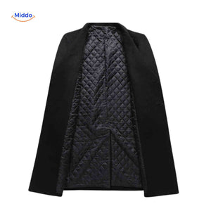 manteau laine noir long ouvert révélant la doublure intérieure de qualité