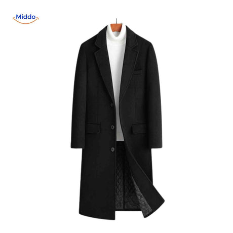 pardessus laine noir long pour homme, coupe élancée et élégante, style classique intemporel