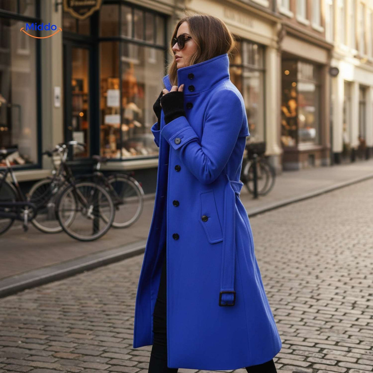 manteau long bleu porté avec des lunettes de soleil, look chic et moderne
