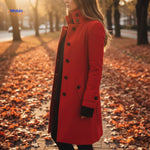 manteau rouge à fermeture boutonnée et coupe longue, style élégant pour femme