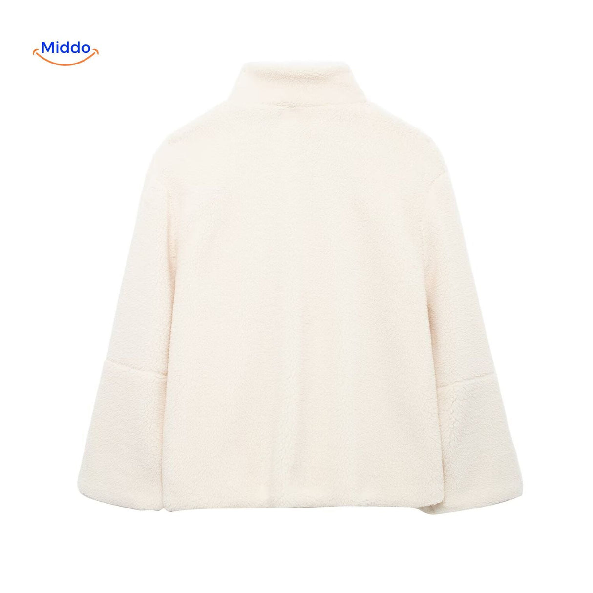 vue arrière du manteau en laine teddy blanc, dos ample et coupe impeccable