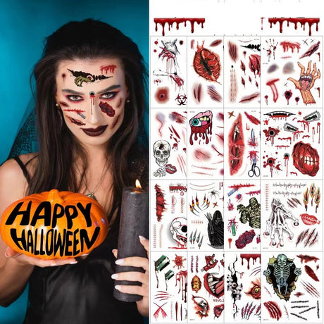 femme avec tatouages halloween horreur réalistes en costume zombie avec citrouille